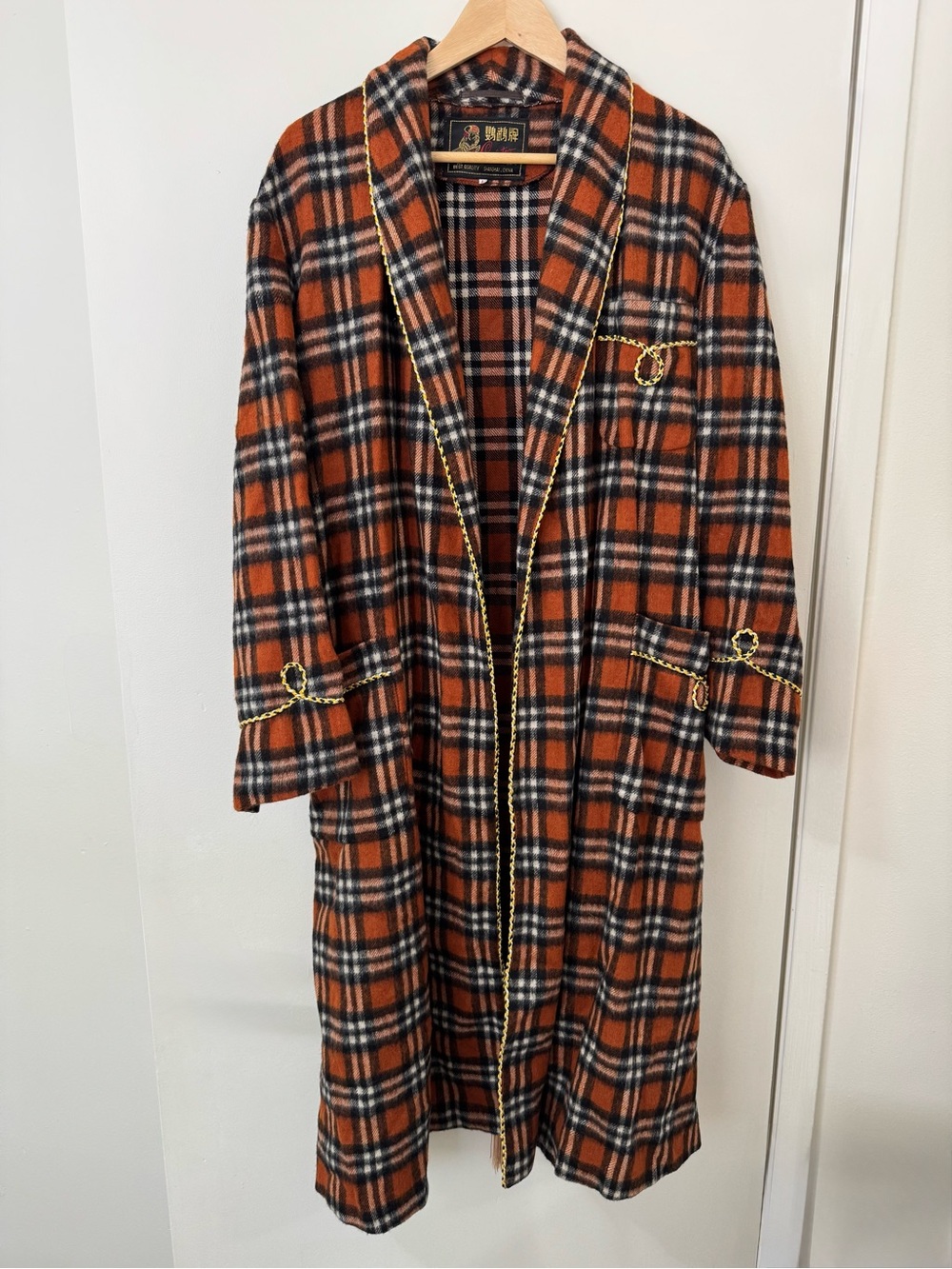 Vintage 1960’s Cockatoo Shanghai Plaid Long Robe Coat Orange Black Tartan Size L
